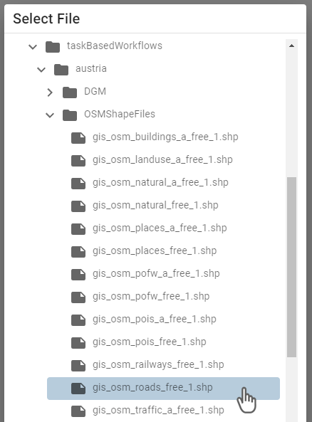 Select the shape file gis_osm_roads_free_1.shp for roads