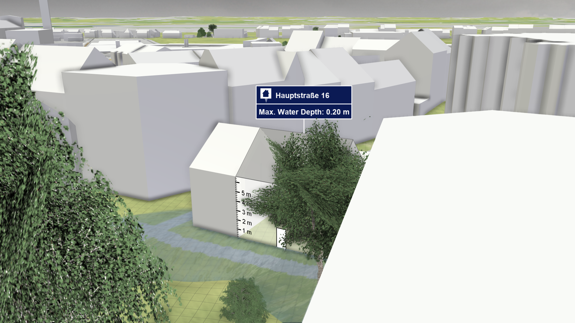 Trees and other buildings occlude building with inspection