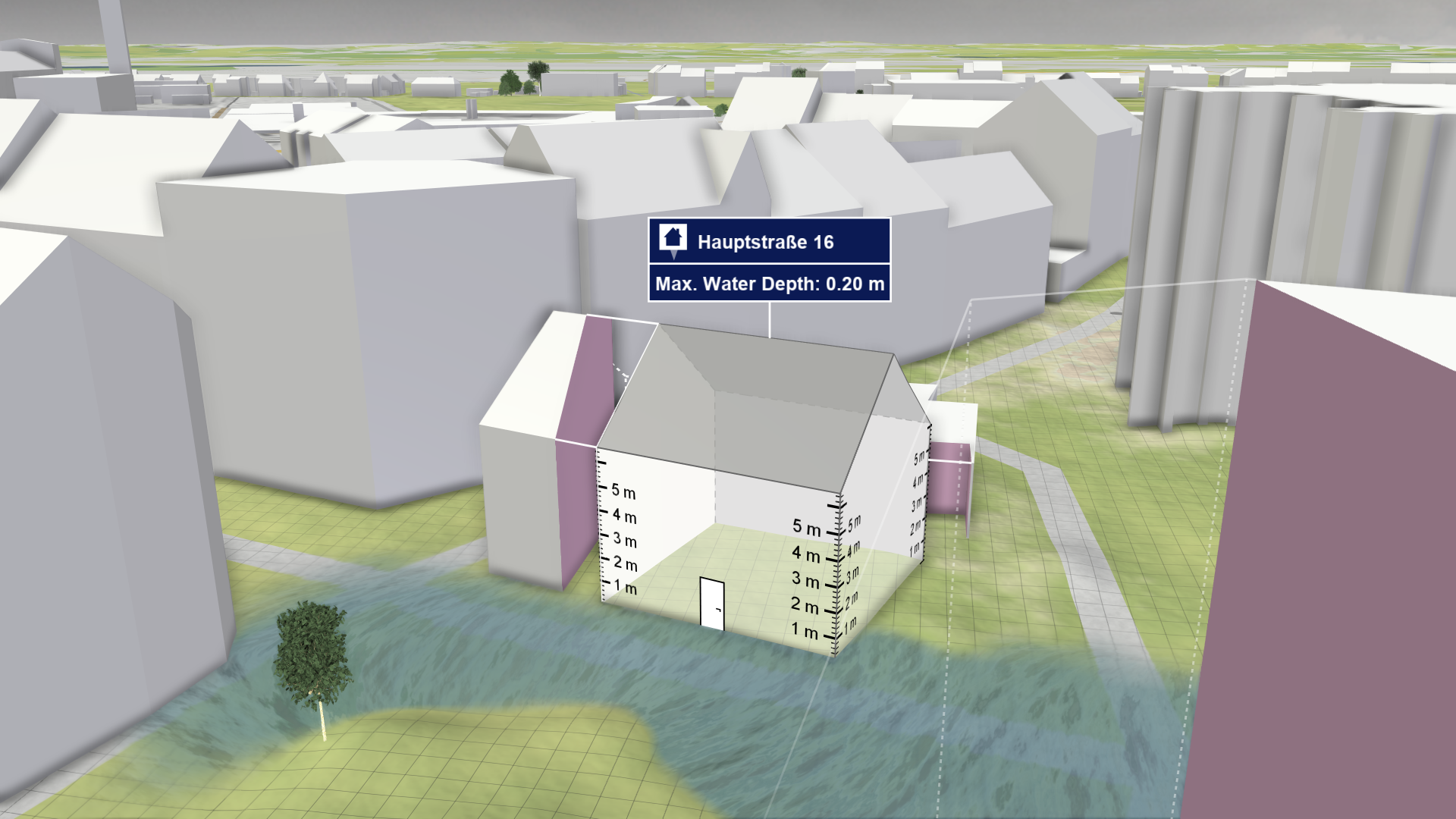 Occluding trees and buildings are removed in front of building with inspection