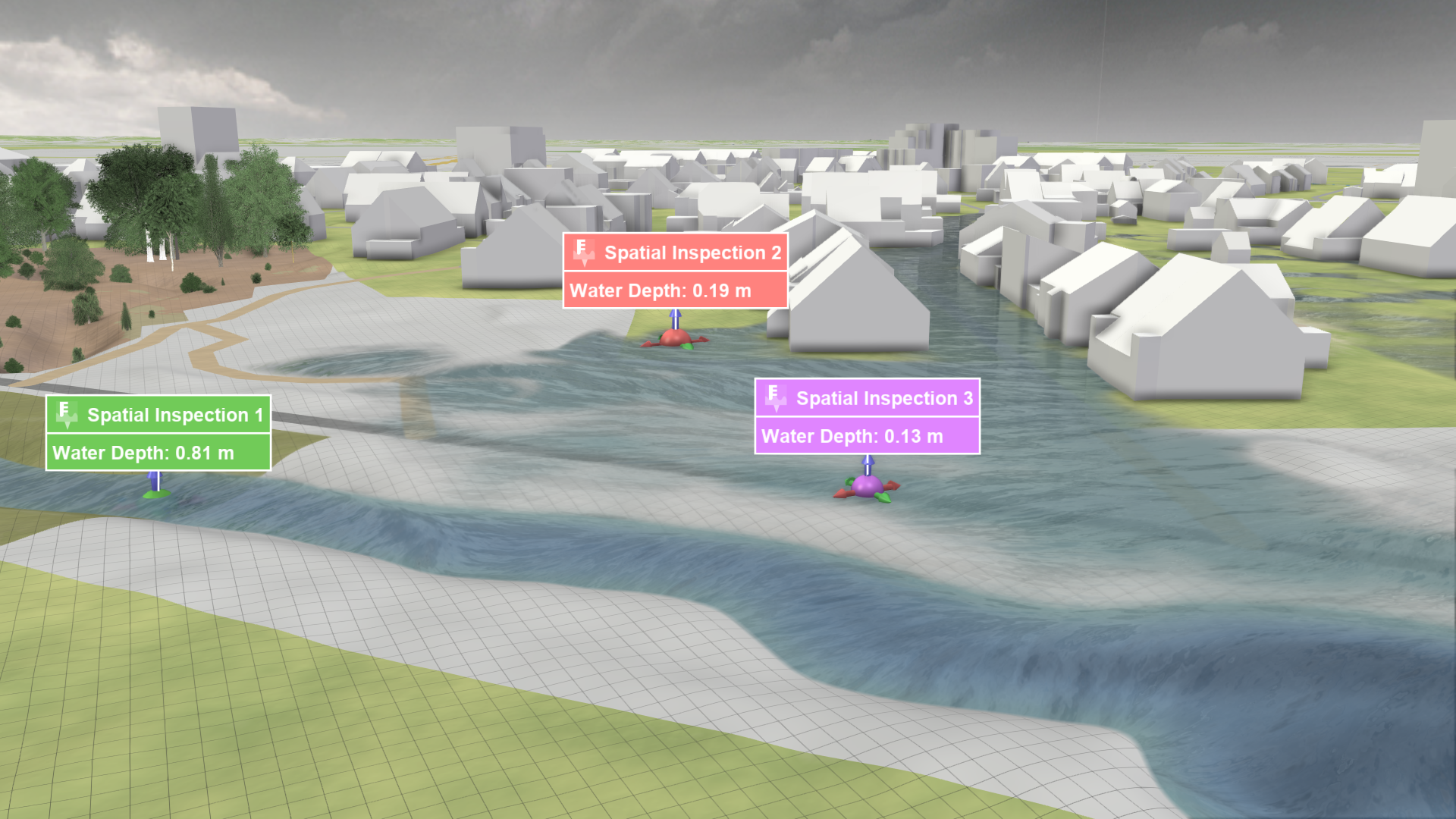 Spatial Inspection action at a river bed, a road, and close to a building SpatialInspection Image