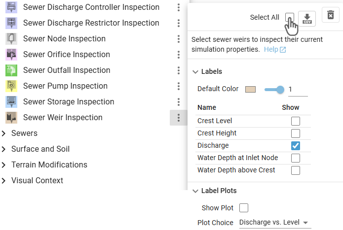 Select all sewer weirs for inspection