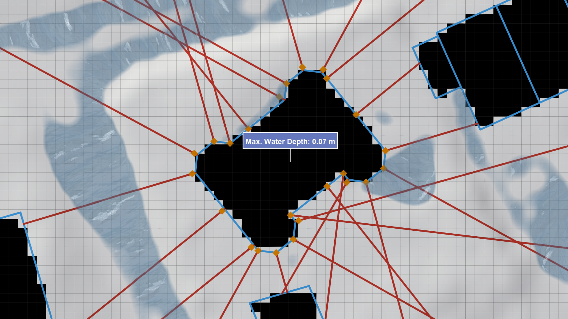 The water depth is sampled at all sampling positions (orange) and the maximum value is displayed Water Depth Sampling Image