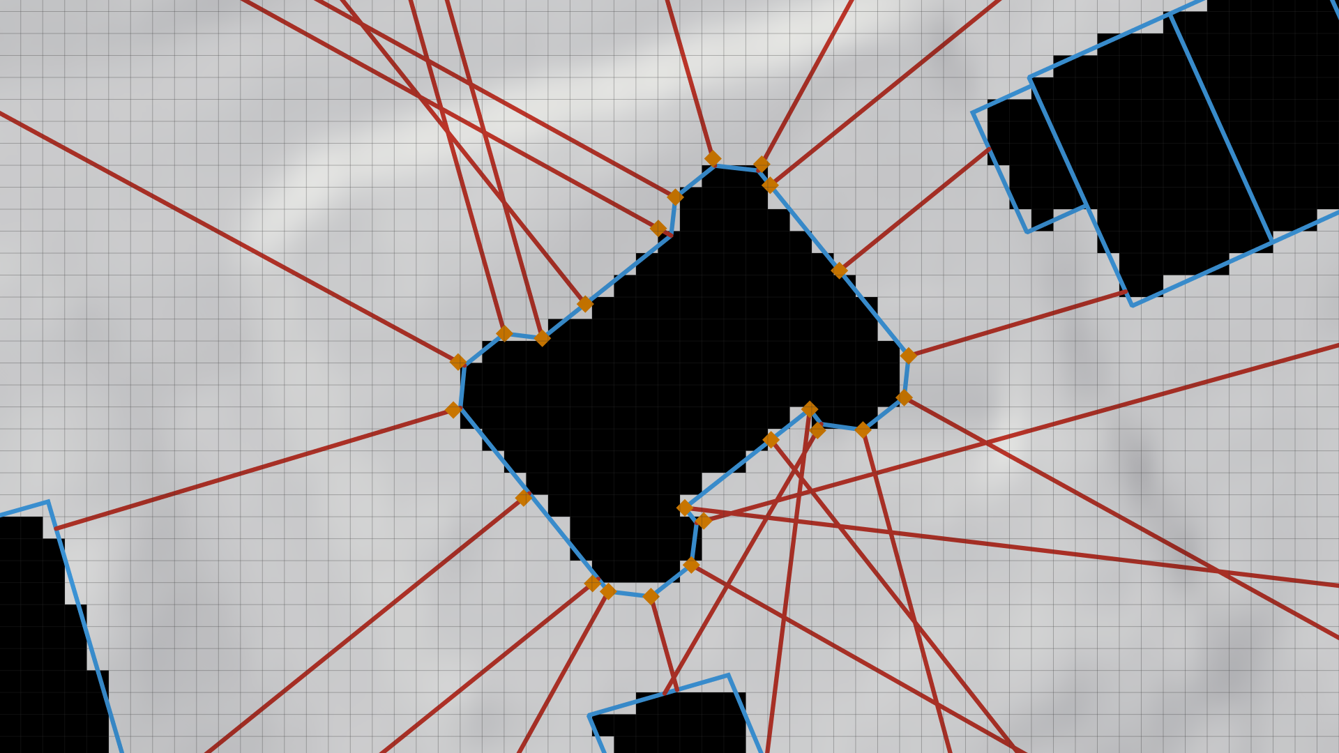For each line, an optimal sampling position (orange) is chosen as close to the building façade (blue) as possible without entering the wall boundary cells (black) Sampling Position Selection Image