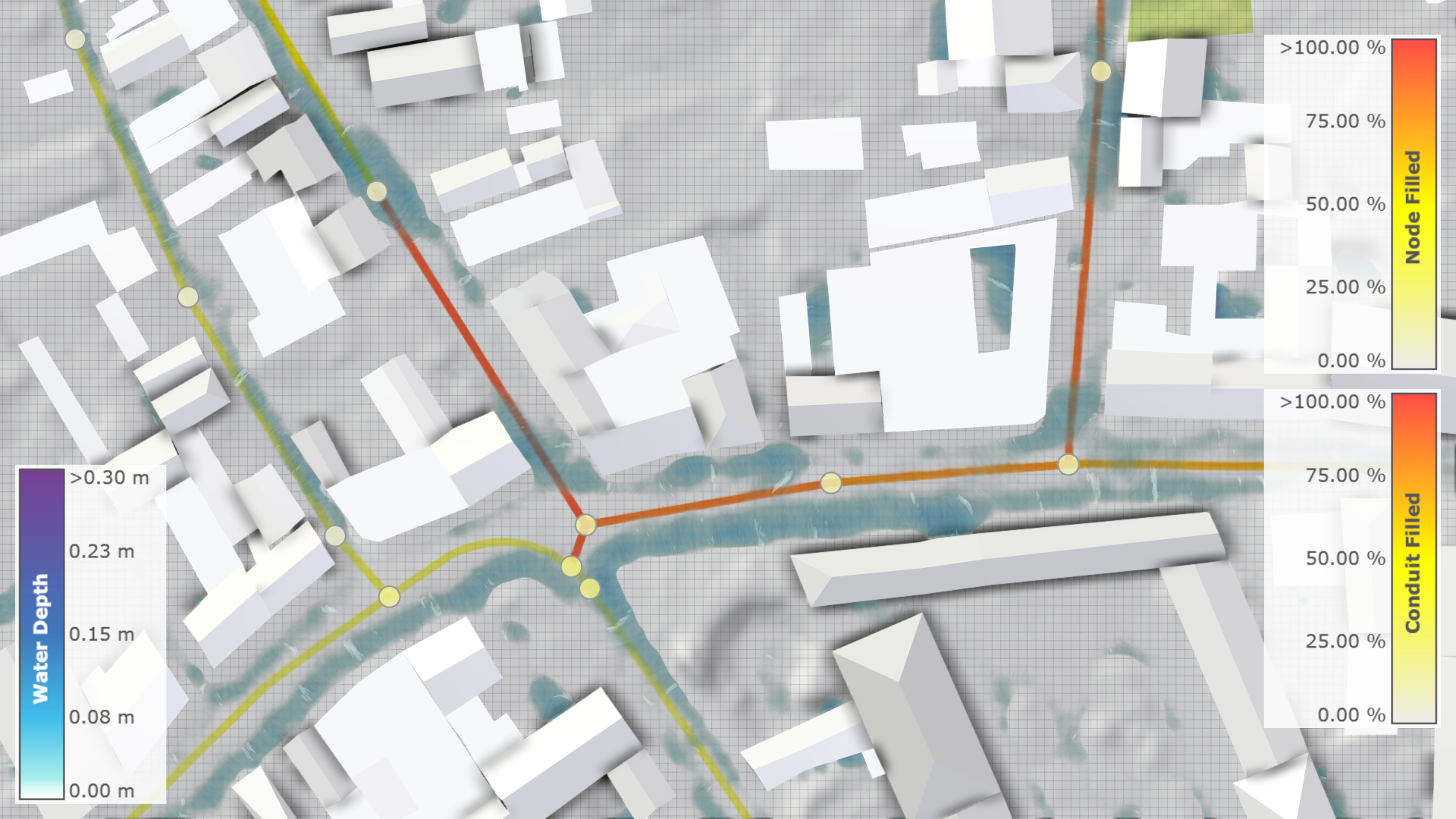 Sewer network in 2D view with fill levels