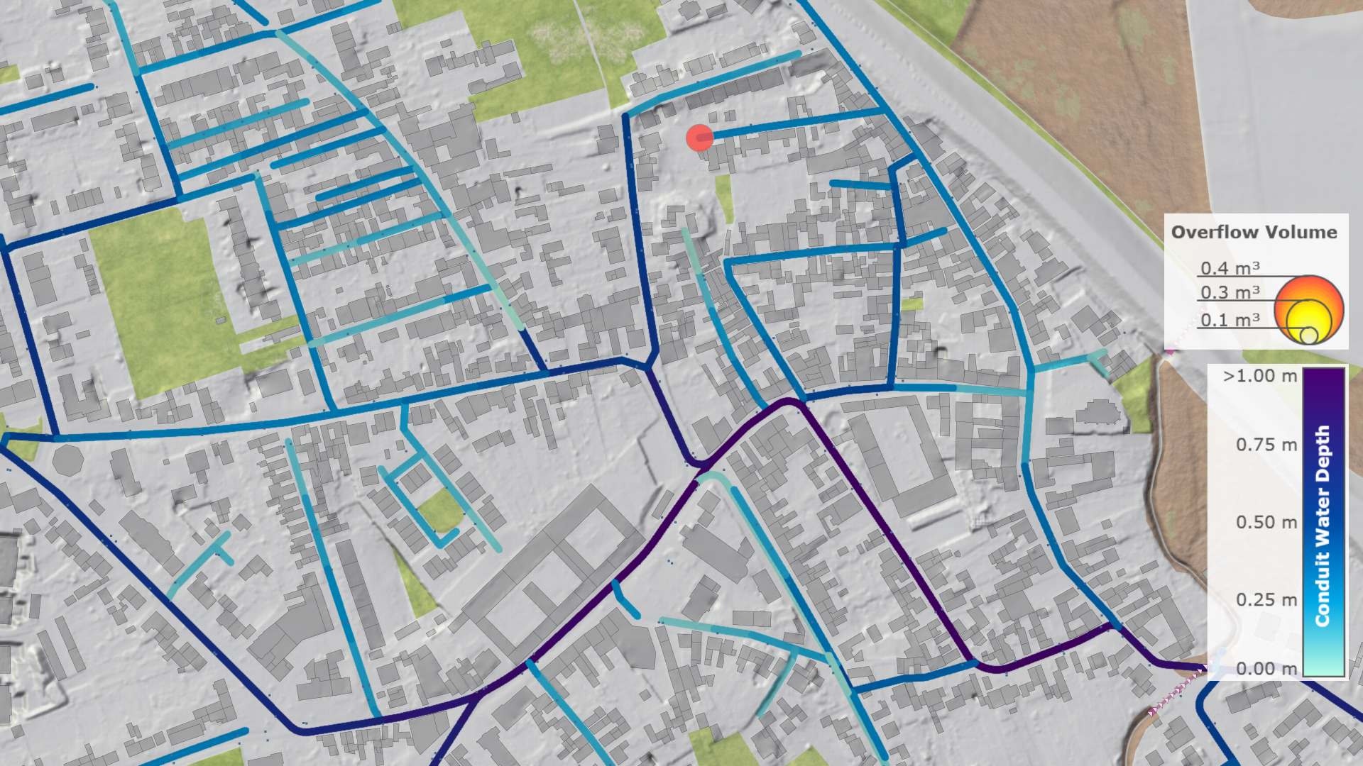 Sewer network in 2D view with overflow volumes and water depths