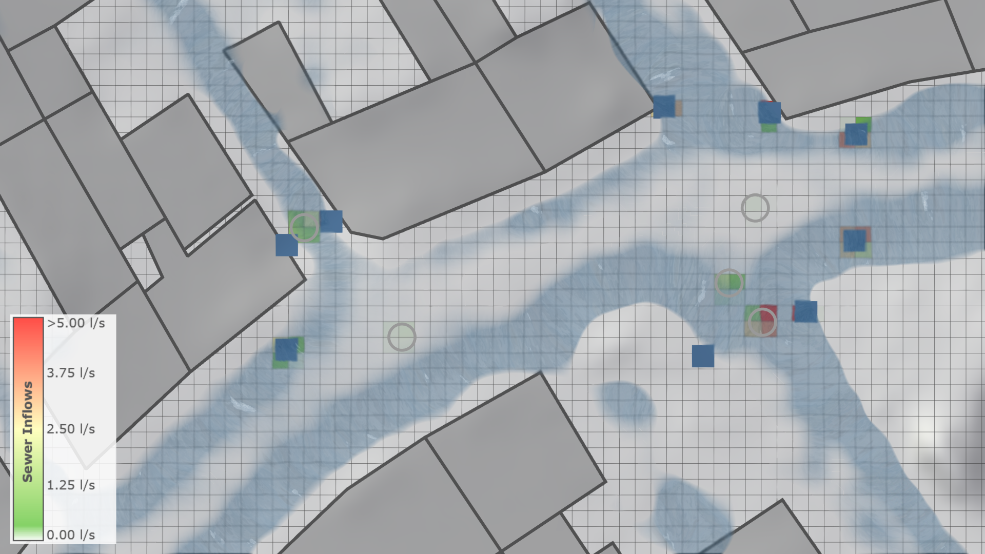 Sewer network in 2D view with inflows to sewer nodes and storm drains