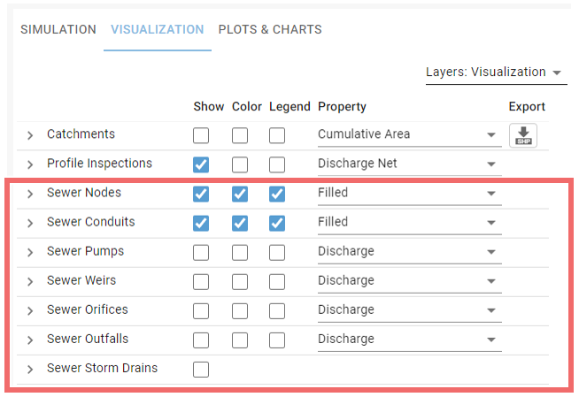 Visualization Settings Panel with display settings for sewer structures